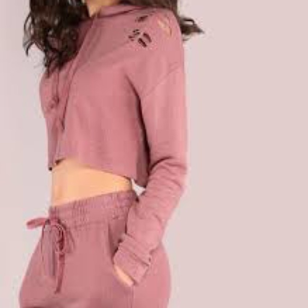 Distressed cropped hoodie set w/ matching pants